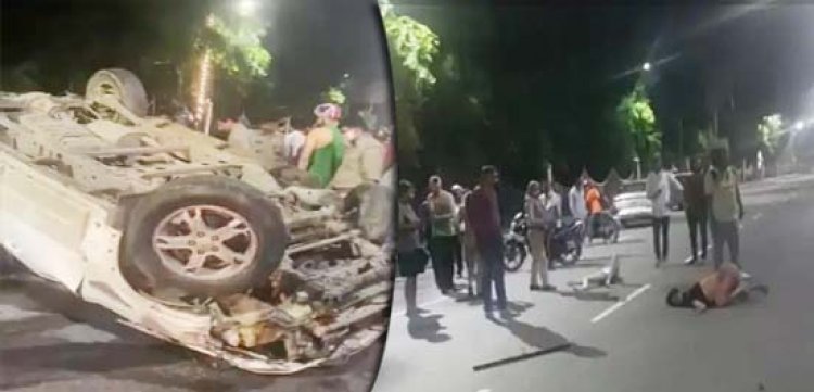 टायर फटने से पलटी स्कार्पियो में फंसा परिवार:लखनऊ में लोहिया पथ की घटना, राहगीरों ने कार के शीशे तोड़ निकाला परिवार, एक की मौत
