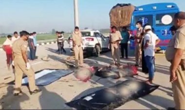मेरठ में सड़क हादसे में 5 की मौत : दिल्ली-मेरठ एक्सप्रेसवे पर हुआ हादसा, तेज रफ्तार कार ट्रक में घुसी; गाड़ी को काटकर पुलिस ने निकाले शव