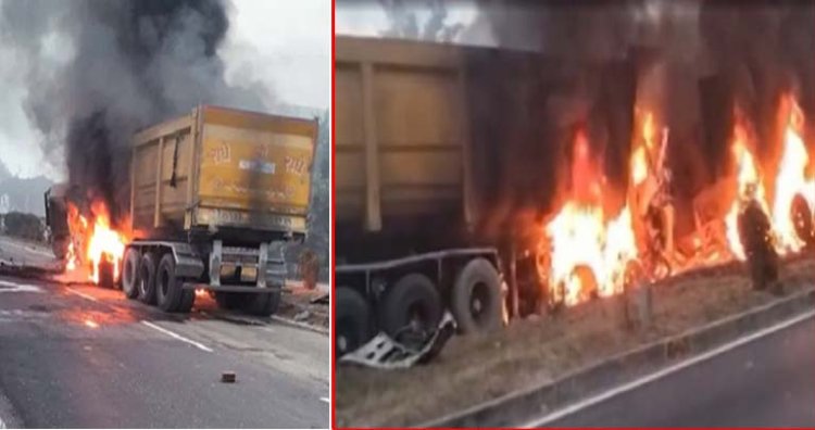 उन्नाव में कानपुर-लखनऊ हाईवे पर डंपर से भिड़े दो ट्रक, शॉर्ट सर्किट से लगी आग, तीन चालकों की जलकर मौत